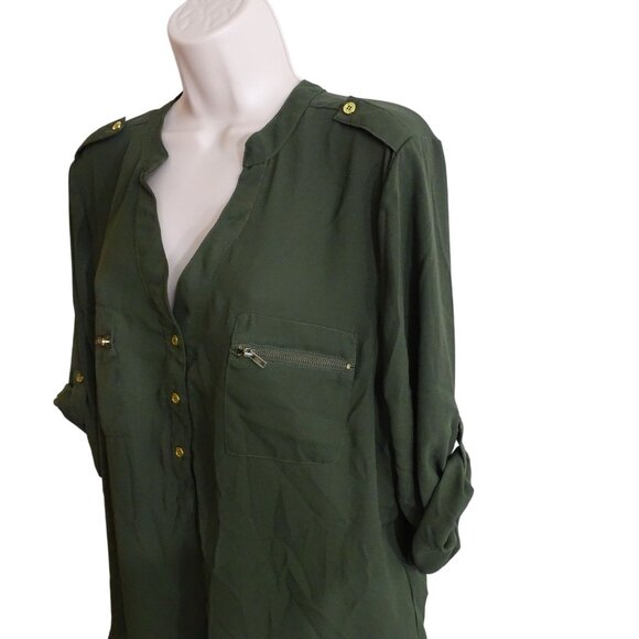 Wishful Park Green Popover Blouse Women Size XL Polyester Roll Tab Sleeve Pocket - Picture 2 of 10